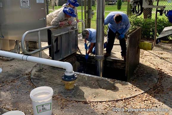 Cleanng a scum tank  using KCD&trade; Industrial Cleaner and Degreaser.